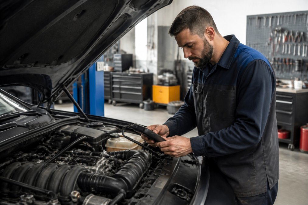 ASE-certified automotive technician using diagnostic scanner on a Dodge Challenger engine in a bright, organized service bay with tools on the walls