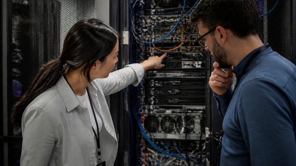 Two IT professionals reviewing system architecture diagrams on a large monitor in a dimly lit server room, one pointing at a connection line between two application blocks