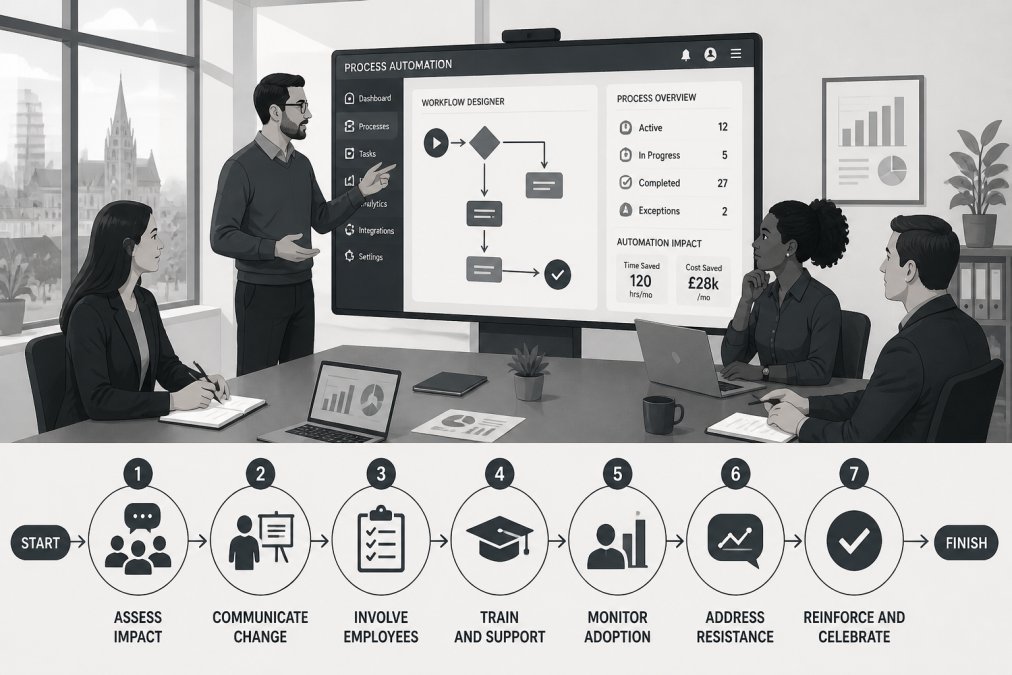 Infographic flowchart showing challenges of implementing business process automation during team workflow reviews
