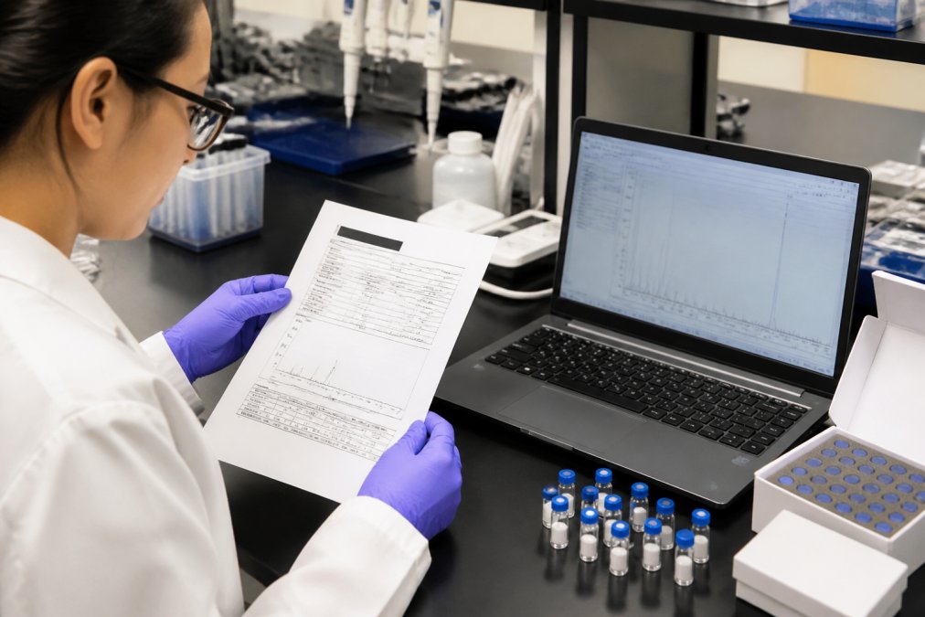 A laboratory researcher in a white coat examining a printed certificate of analysis document next to a laptop showing analytical testing data in a bright, organized lab environment