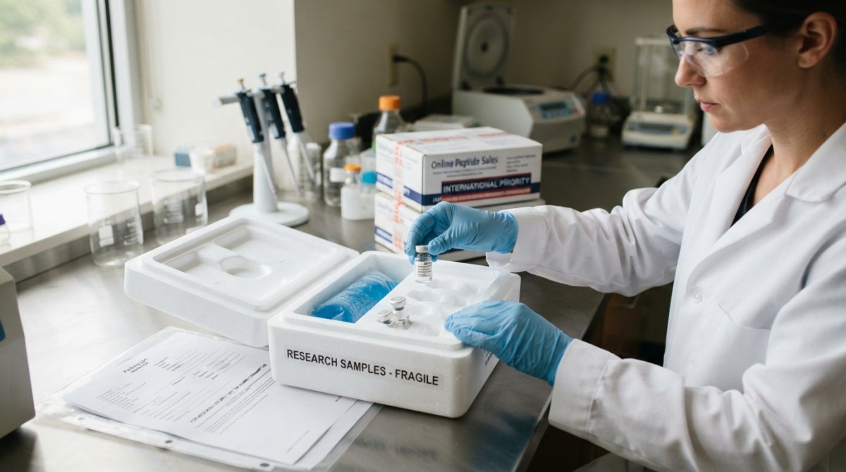 Professional laboratory technician carefully placing sealed peptide vials into secure tamper-evident packaging box with documentation and ice packs for international shipment