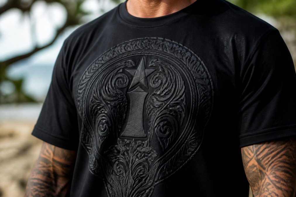 Close-up of a person wearing a black puff-print tee featuring detailed Chamorro design elements, showing the raised texture of the print against premium fabric quality and fit