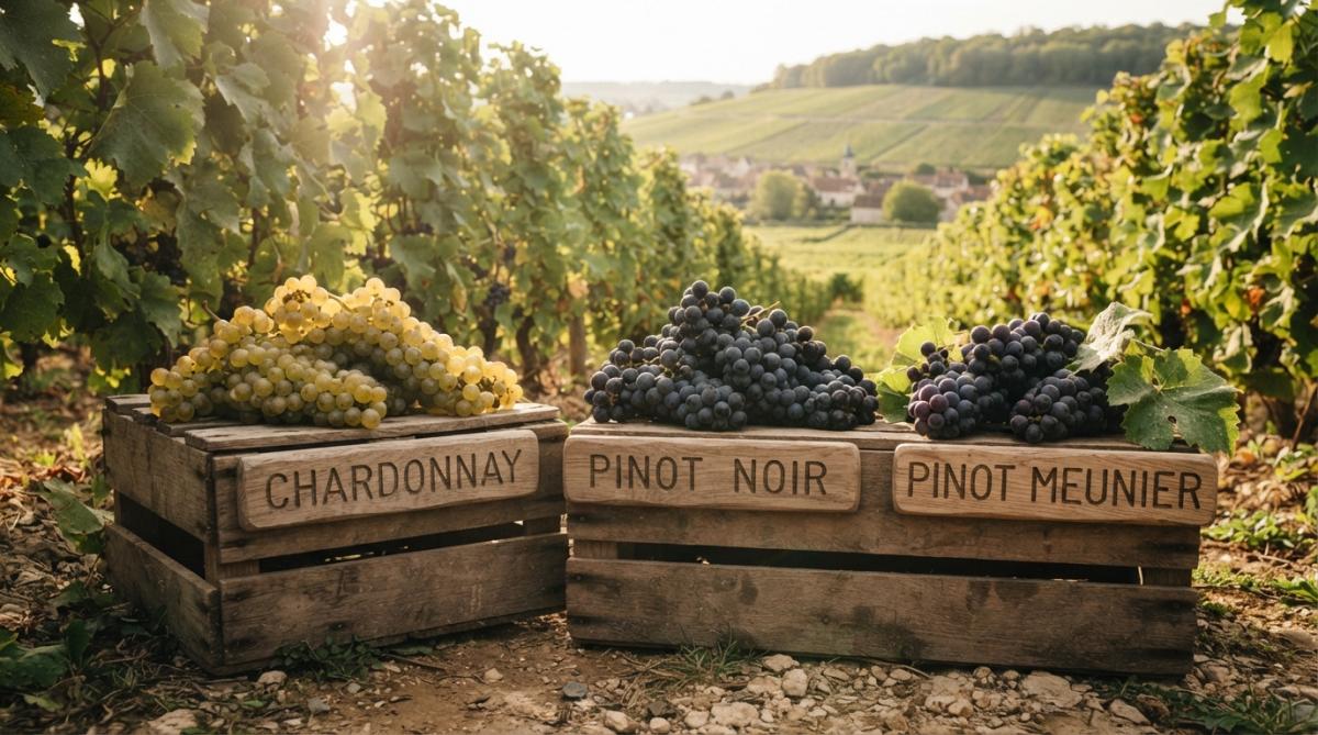 Närbild på mogna druvor - chardonnay, pinot noir och pinot meunier - på vingård med varmt solljus genom löven