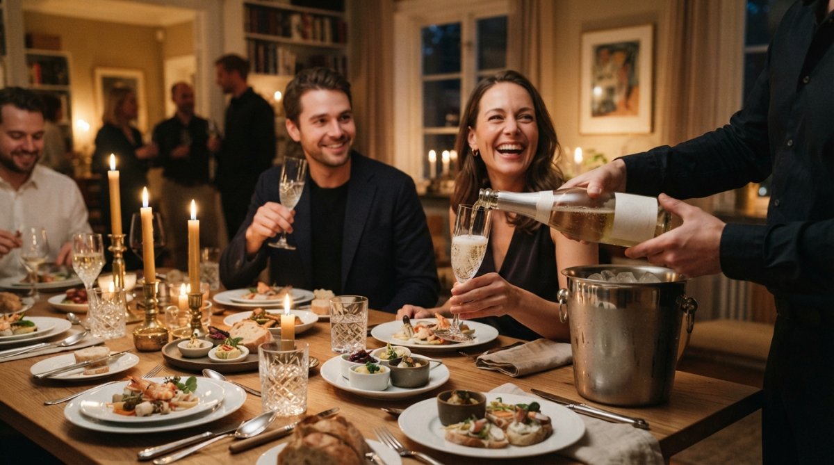 Elegant servering av mousserande vin i flöjtglas på ett festligt bord med mat och gäster, varmt ljus från stearinljus