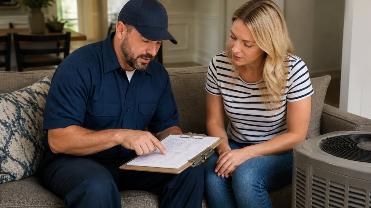 Professional HVAC technician in uniform reviewing installation specifications and equipment details with homeowner in residential living room, clipboard and system diagrams visible