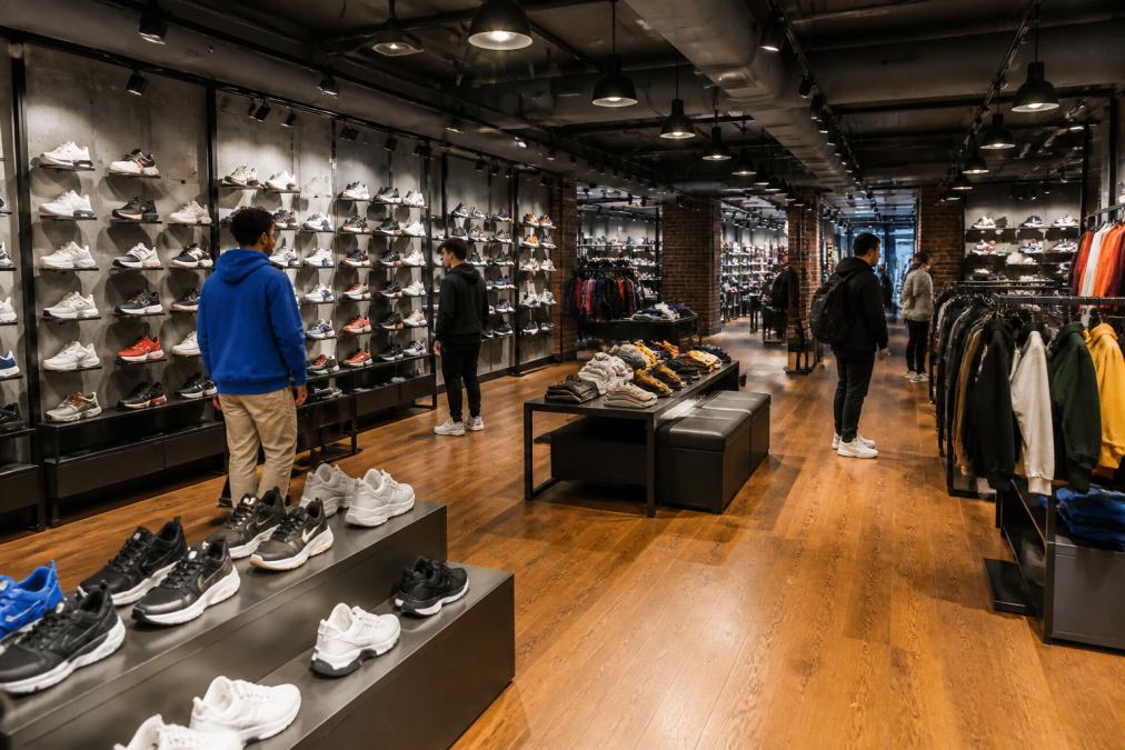 Modern sneaker retail store interior with wall-mounted shoe displays organized by brand, bright LED lighting, customers browsing merchandise on shelves, wooden flooring, and contemporary minimalist design