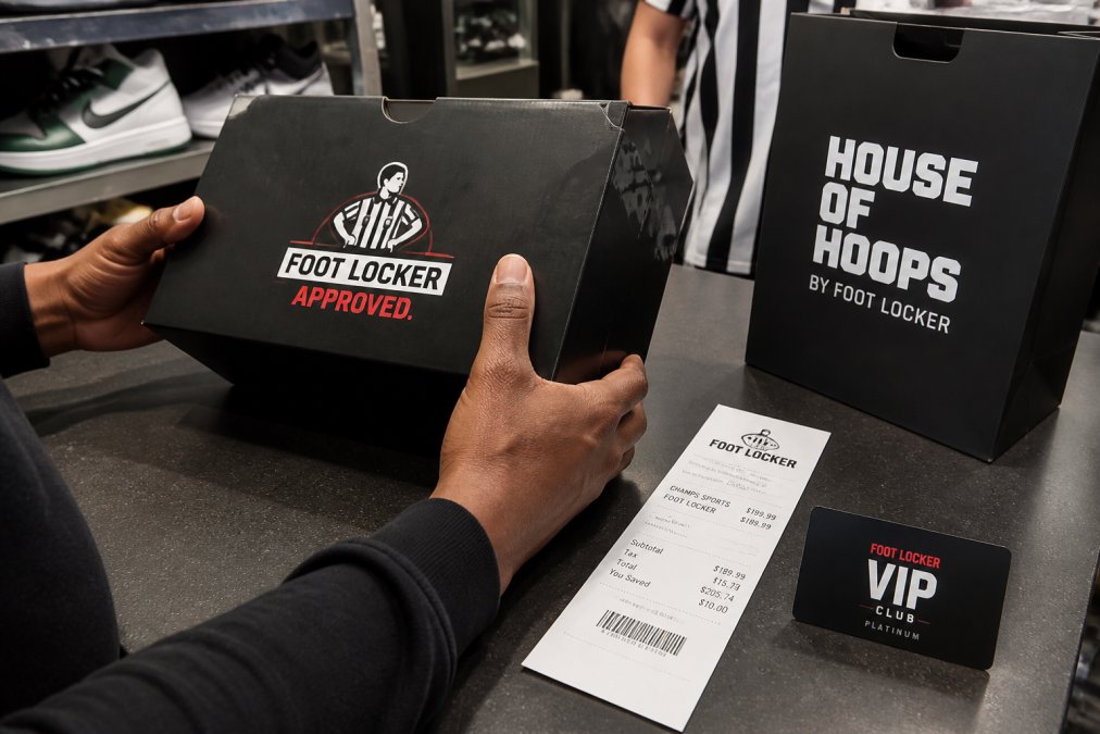 Close-up of customer's hands holding limited-edition sneaker box with brand logo visible, loyalty rewards card displayed on counter, retail receipt showing price comparison, and exclusive release packaging in background