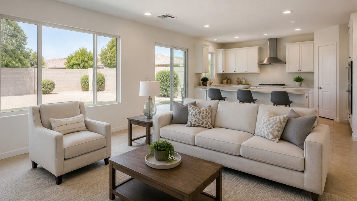 Bright, uncluttered living room in a Chandler home staged for a quick sale with neutral decor and natural light.