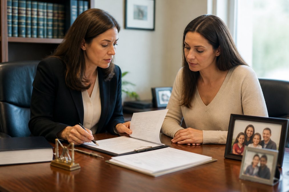 Family law attorney and parent reviewing custody modification petition documents together at a desk with legal paperwork, pen, and family photos visible in a professional office setting