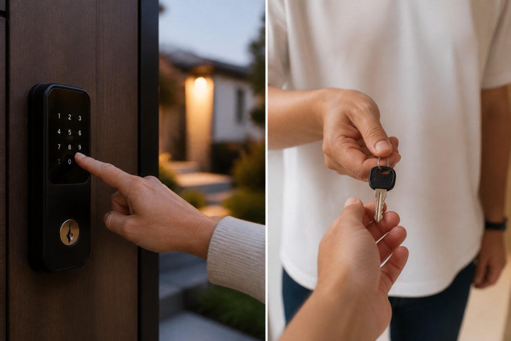 Close-up of a person's hand entering a PIN code on a modern smart lock keypad mounted on a front door of a short-term rental property, warm evening light, residential setting