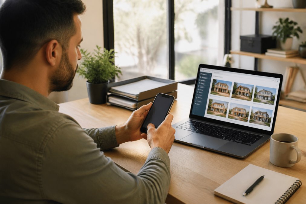 Property manager sitting at a modern desk using a smartphone app to manage door access codes, laptop open beside them showing a property management dashboard with multiple listings, bright natural office lighting