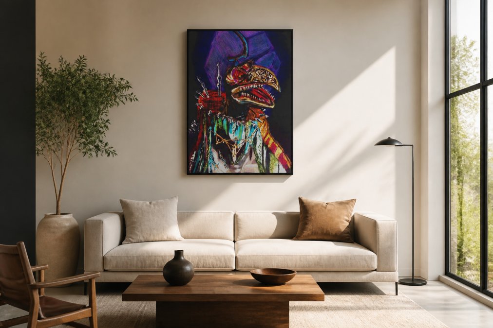Modern living room with a character art print displayed above a minimalist sofa, warm natural light from large windows illuminating the expressive artwork against neutral walls and contemporary furniture with clean lines