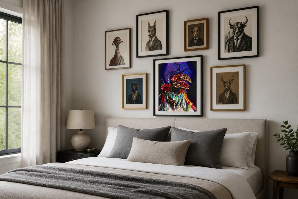 Gallery wall arrangement featuring multiple character-inspired prints in various frame styles, demonstrating curated collection and spatial balance in a contemporary bedroom with soft natural light and minimalist furniture