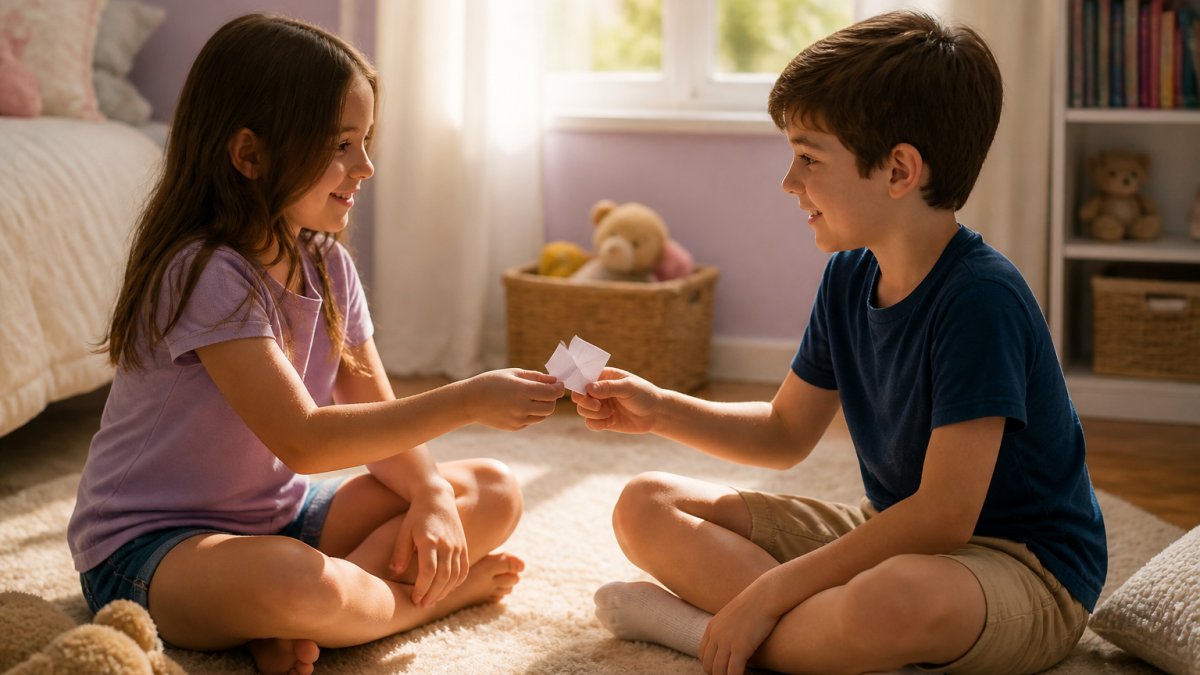 Two young siblings sitting cross-legged on a bedroom floor, one handing a folded paper slip to the other, warm afternoon light through the window