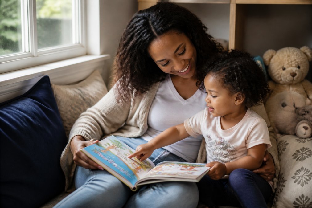 Parent and toddler sitting together on a cozy reading nook with picture book open, child pointing at colorful illustrations while parent smiles and listens attentively, warm natural lighting from nearby window