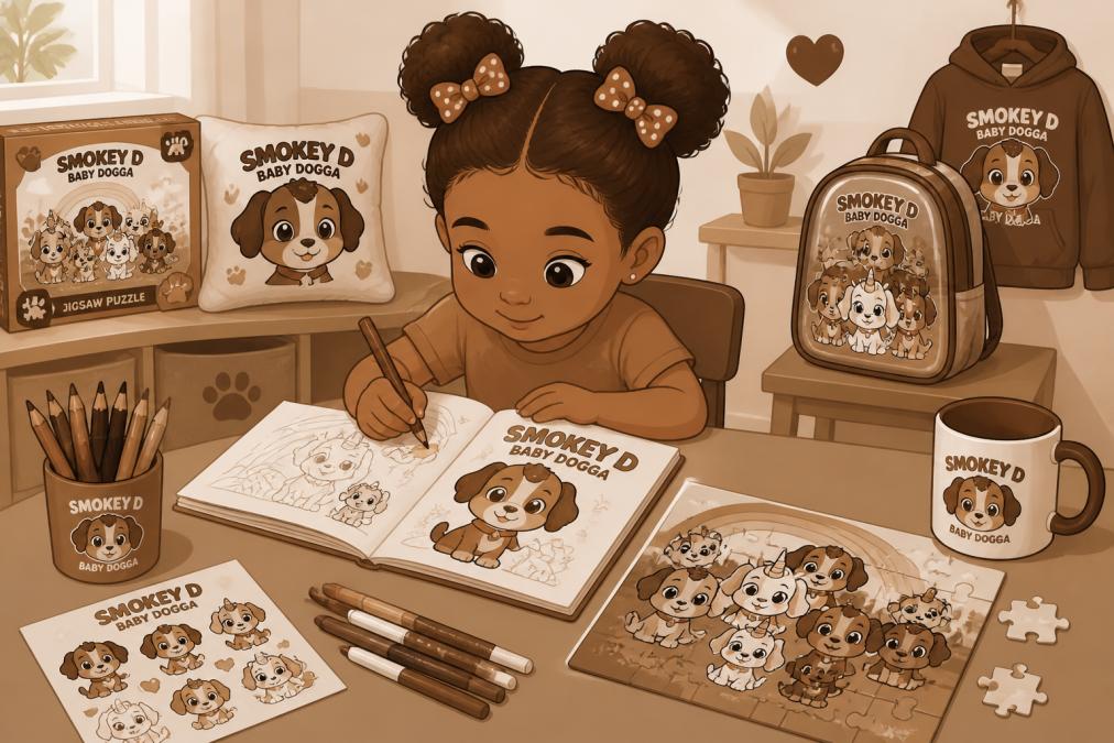 Young child sitting at table coloring in Smokey D Baby Dogga coloring book with colored pencils and markers nearby, focused and creative with warm natural light