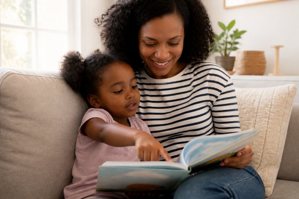 Parent and child sitting together on a cozy couch, reading a colorful picture book, child pointing at an illustration while parent smiles warmly, soft natural light from nearby window