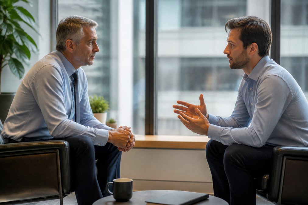 Senior executive and mid-level manager in professional one-on-one coaching conversation, seated across from each other in modern office with natural window lighting, mentor leaning forward with focused attention as manager speaks