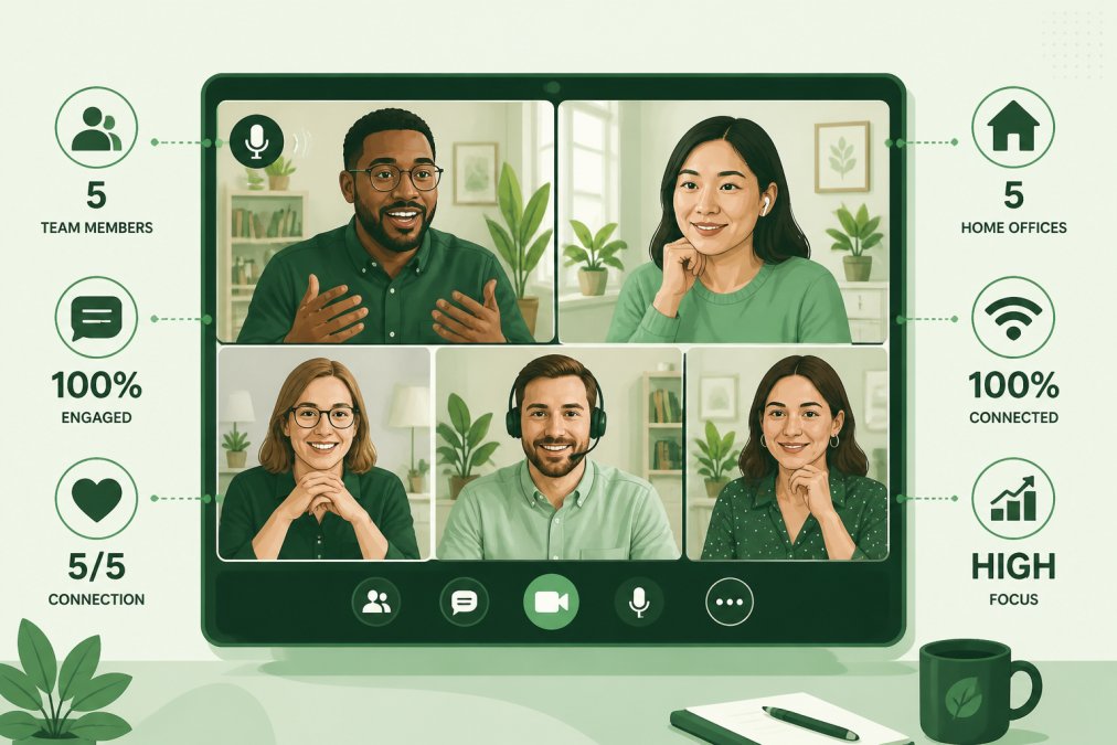 Diverse team of five professionals on video call showing engaged expressions and genuine connection, one person speaking animatedly while others lean toward camera with focused attention, natural home office lighting through windows