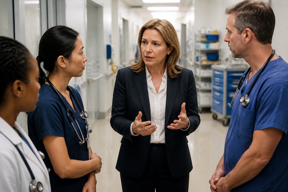 Senior healthcare administrator speaking with clinical team members during a critical moment in a modern hospital setting, demonstrating calm composure and transparent communication