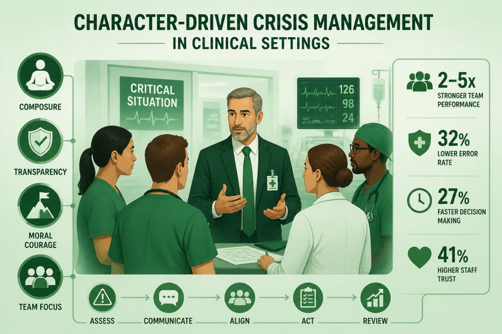 Senior healthcare administrator speaking calmly with medical team members during a critical moment in a hospital setting, showing composure, transparency, and moral courage
