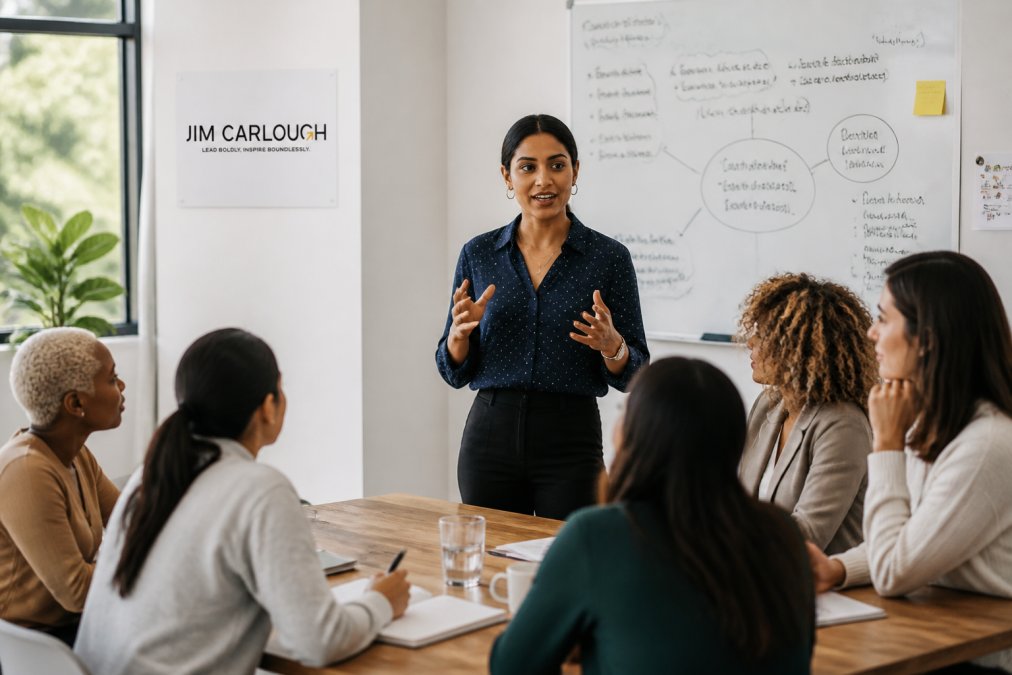 A confident woman in a leadership role speaking to a diverse team in a bright, modern office setting, with a whiteboard covered in strategy notes visible in the background