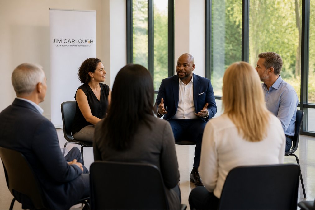 Diverse group of professional leaders engaged in active listening and discussion during an immersive workshop session, seated in a circle with natural lighting from large windows, showing genuine engagement and vulnerability in conversation