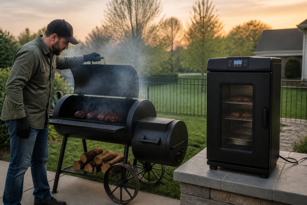A home cook in a backyard at dusk lifting the lid of a charcoal offset smoker while a digital electric cabinet smoker sits on a nearby patio surface, both in view