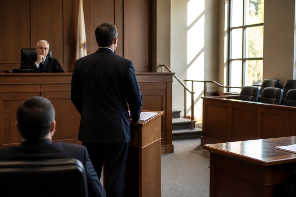 Professional attorney in business suit standing at wooden podium in modern courtroom with judge's bench elevated in background, empty jury box visible, morning light streaming through tall windows