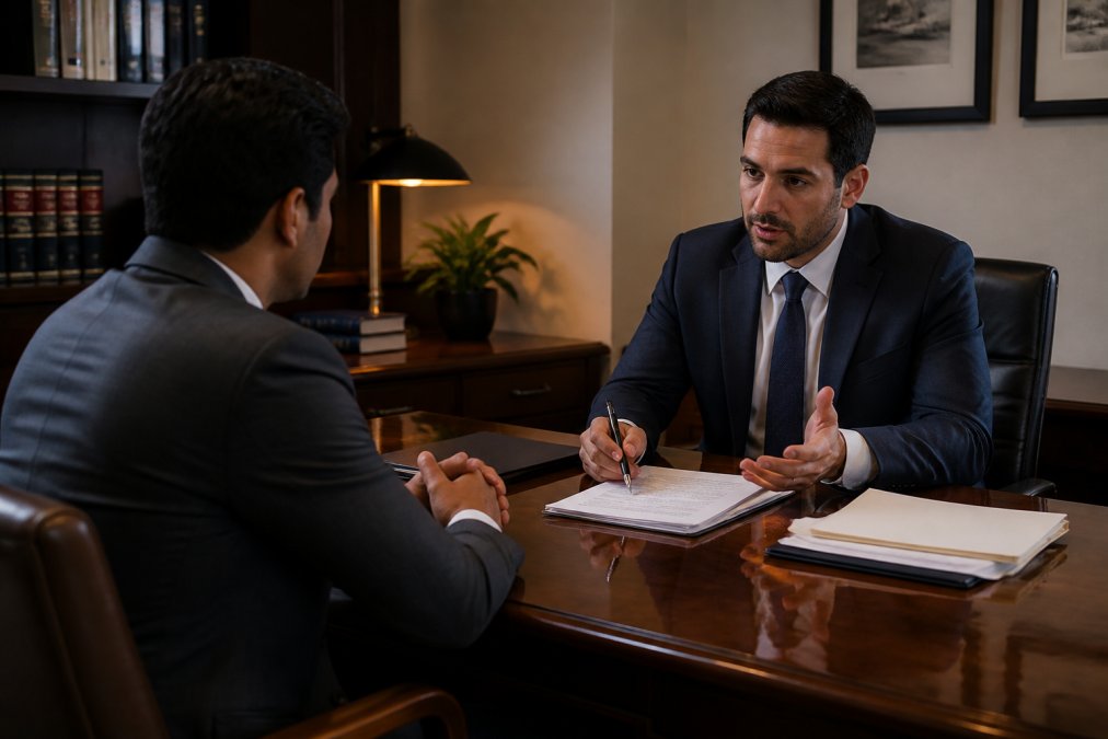 Client in professional attire seated across from attorney at polished wooden desk in modern law office consultation room, legal documents and case files visible on desk surface, warm office lighting from desk lamp