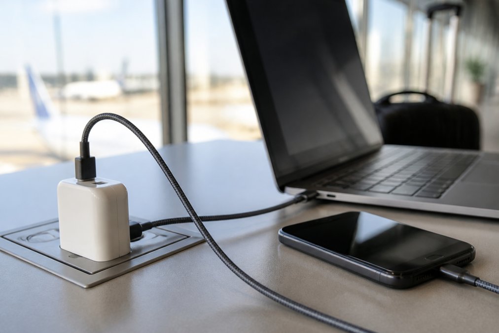 Vue en gros plan d'un chargeur USB-C GaN compact posé sur une table d'aéroport, avec un ordinateur portable et un smartphone en cours de charge, câble tressé visible, éclairage naturel