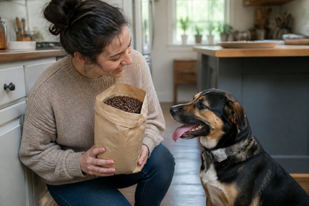 A person holding a bag of freshly roasted coffee beans next to a shelter dog, with a warm, inviting kitchen background