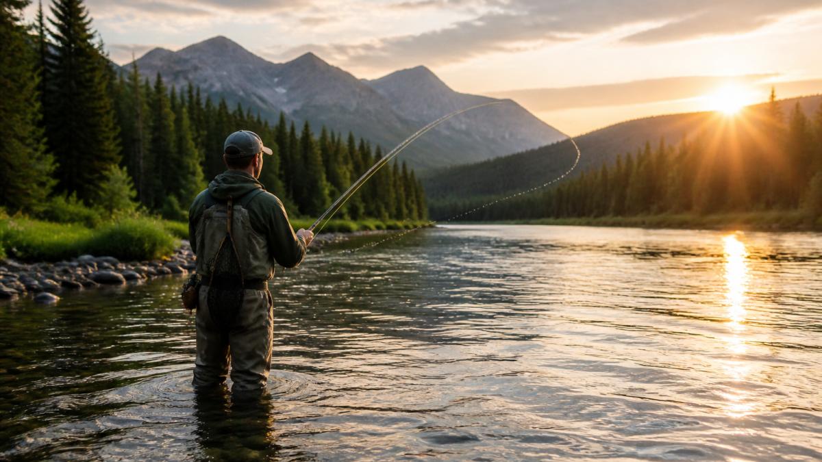 Experienced angler in waders standing in a river with fly rod, casting into clear water at sunrise, showing the peaceful connection between fishing and nature