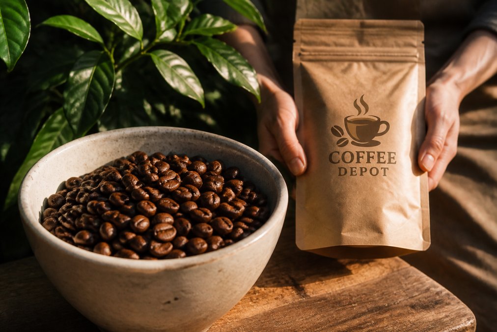 Close-up of freshly roasted coffee beans in a ceramic cup with a person's hands holding a bag of specialty coffee beans in natural sunlight
