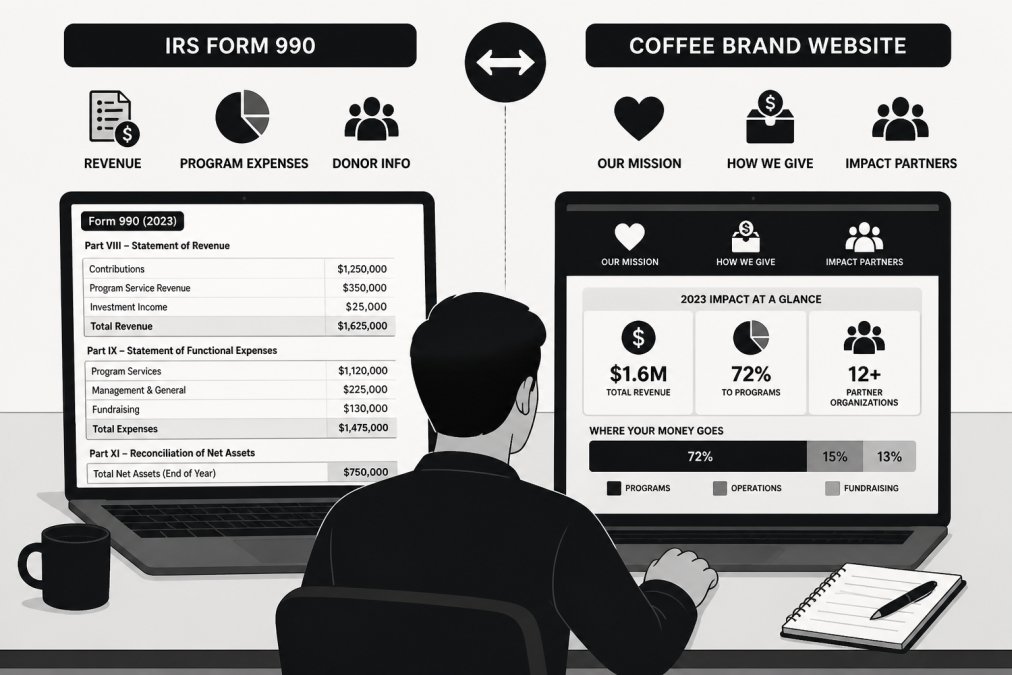 Person at a desk with a laptop displaying IRS Form 990 and a coffee brand's website side-by-side, comparing donor information