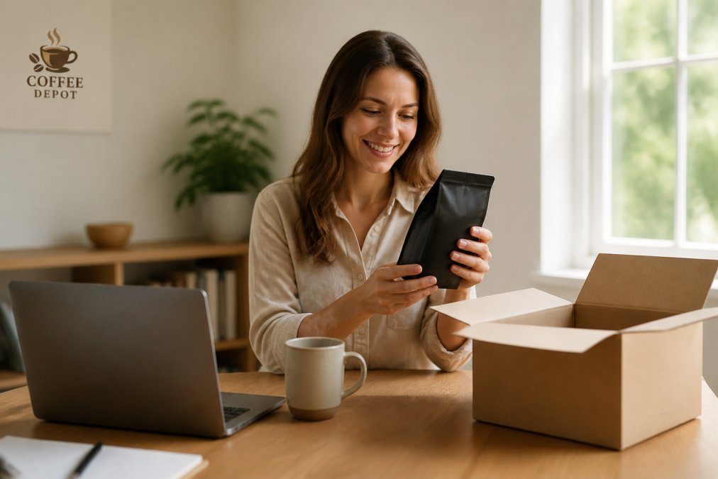 A person in a bright home office holding a freshly delivered bag of coffee beans, unopened box on the desk beside a laptop and a steaming ceramic mug, morning light through the window