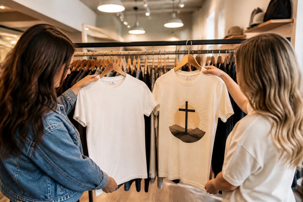 A retail clothing rack in a bright store, two shoppers comparing a plain white t-shirt against a graphic faith-based tee under overhead lights