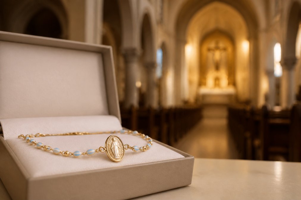A close-up photo of a gold-plated Miraculous Medal bracelet with delicate enamel accents, resting on a soft white cloth inside an open gift box, with a blurred background of a church interior