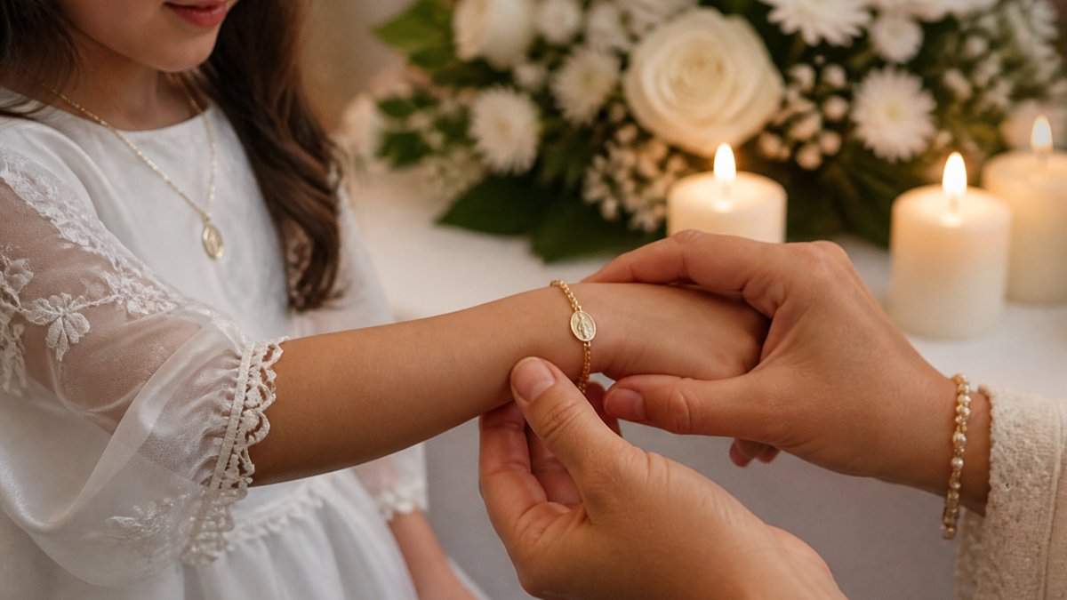 Delicate Miraculous Medal bracelet on a young girl's wrist held by an adult hand amid soft candlelight and flowers