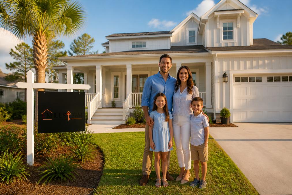 A family of four standing in front of a newly built suburban home with a sold sign in the yard, blue sky and fresh landscaping visible, late afternoon sunlight