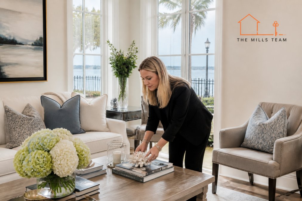 Elegantly staged living room in a Charleston historic home highlighting luxury home selling features.