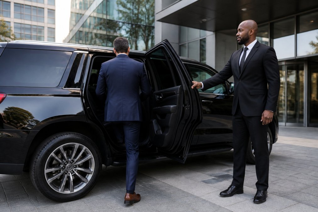 A professional chauffeur in a black suit standing beside a luxury black SUV, holding the rear passenger door open for a business traveler outside a modern Charlotte office building