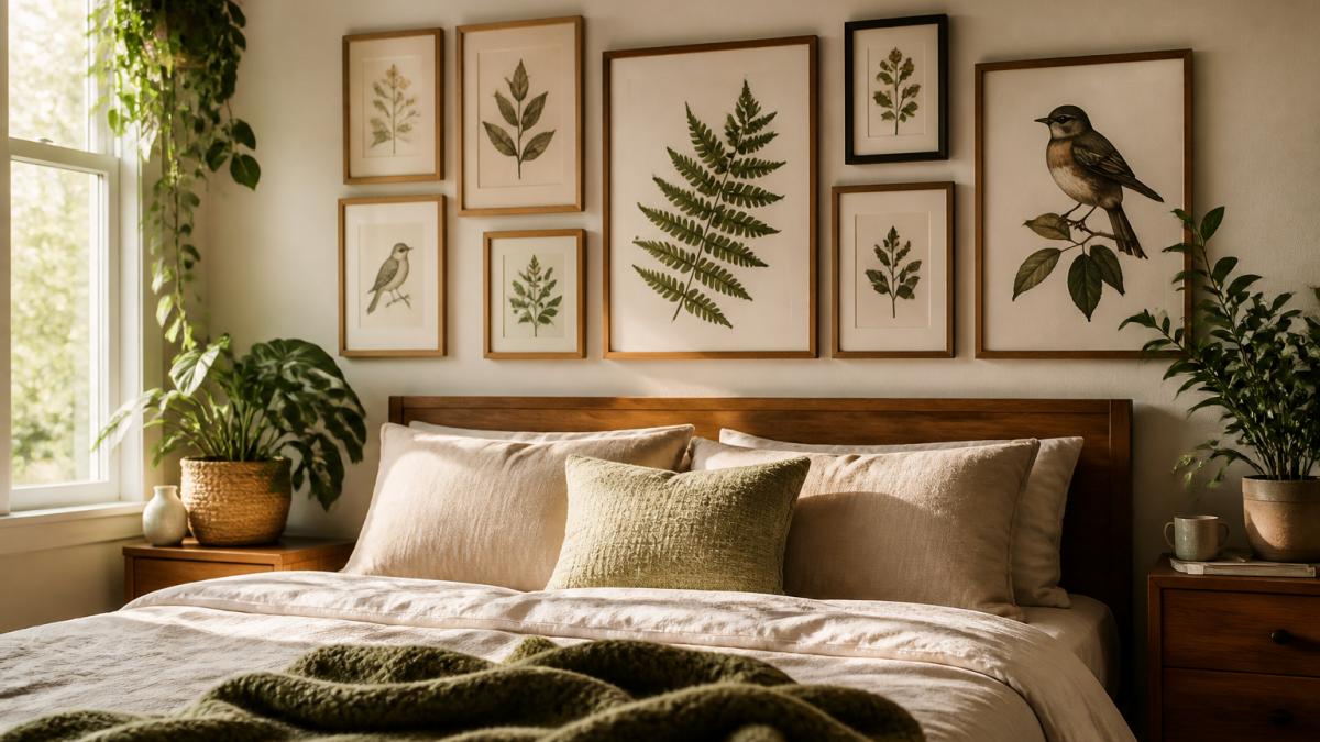 Gallery wall of botanical and bird prints above a bed in a sunlit bedroom with potted plants on a nightstand