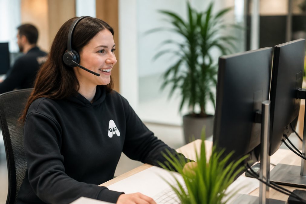Customer service representative at desk with headset, smiling while reviewing chat conversations on dual monitors in a modern office environment