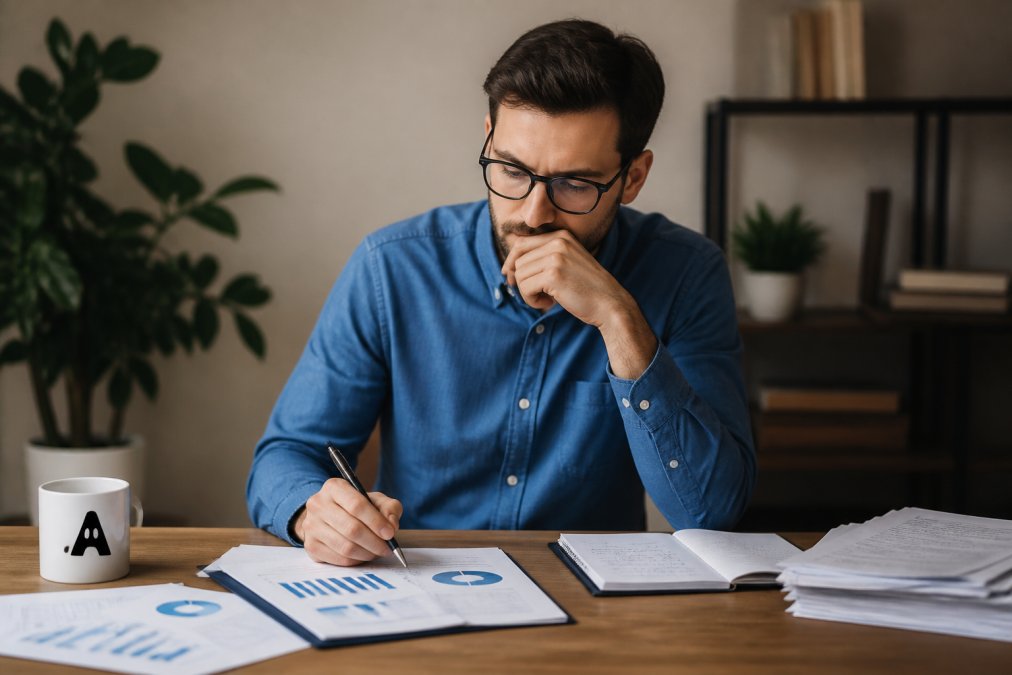 Small business owner or manager reviewing documents and taking notes at a desk with laptop, coffee cup, and notepad visible