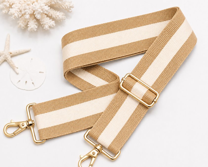 Strapistry woven strap in tan and ivory with gold-tone swivel clips and slider