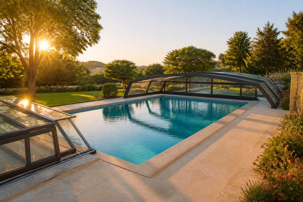 Piscine enterrée de villa équipée d'un abri télescopique en verre et aluminium, ouvert sur un jardin paysager en fin de journée, lumière dorée se reflétant sur l'eau calme