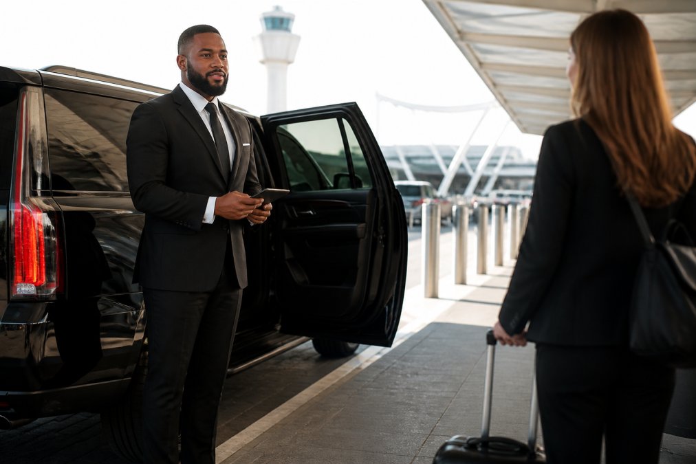 A professional chauffeur in a black suit standing beside a black SUV at Charlotte Douglas International Airport curbside, holding a tablet and waiting for a passenger with luggage