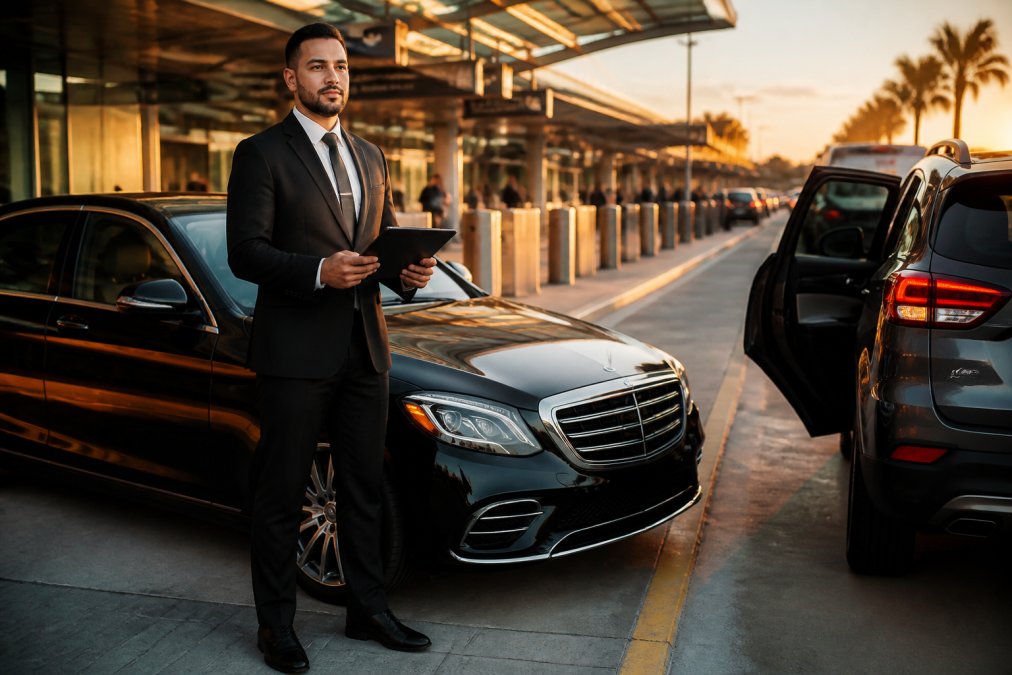 A professionally dressed chauffeur in a dark suit standing beside a polished black luxury sedan at a busy airport departure area, holding a tablet displaying a passenger's name, warm evening light reflecting off the vehicle's hood