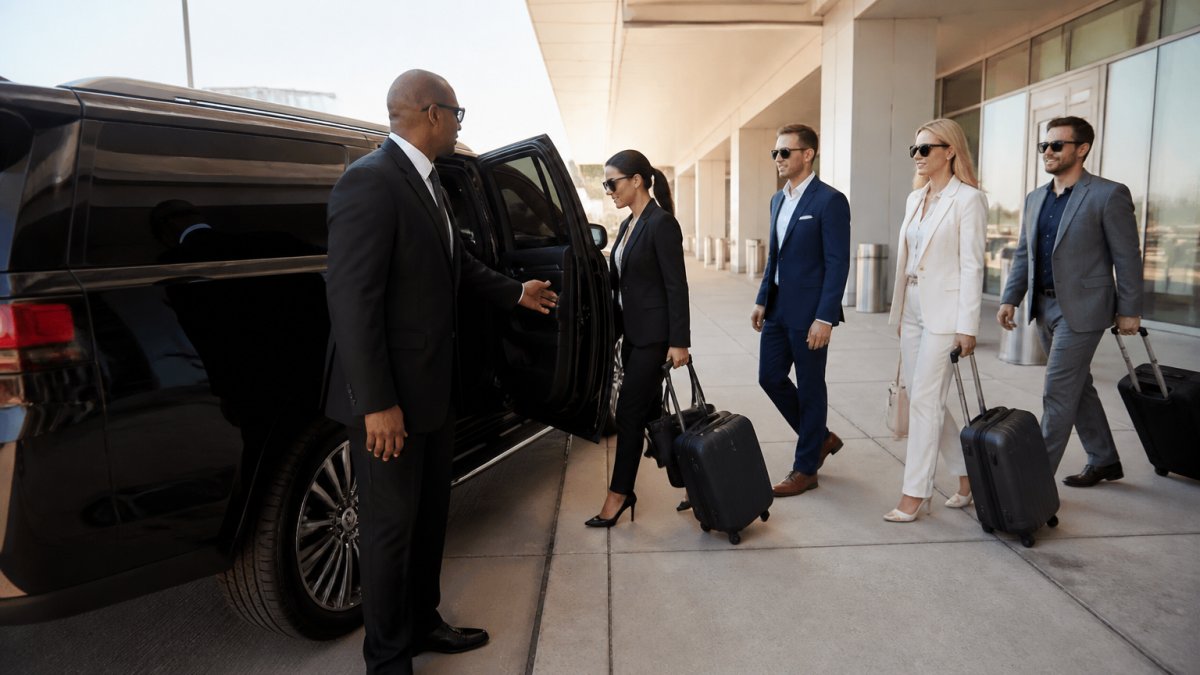 Professional chauffeur opening a luxury SUV door for business travelers comparing chauffeured service rideshare pricing.
